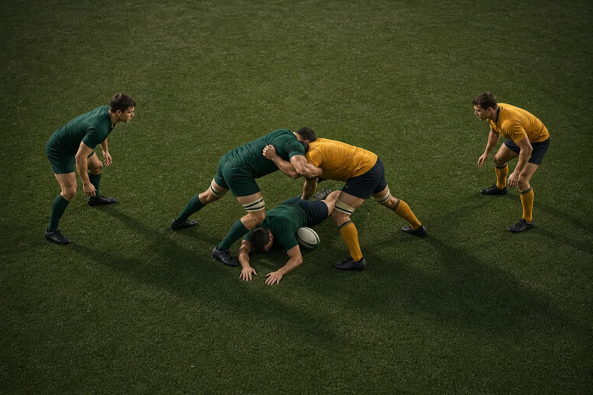 A green and a gold player stay on their feet in contact over a released ball while support players wait behind the ruck.