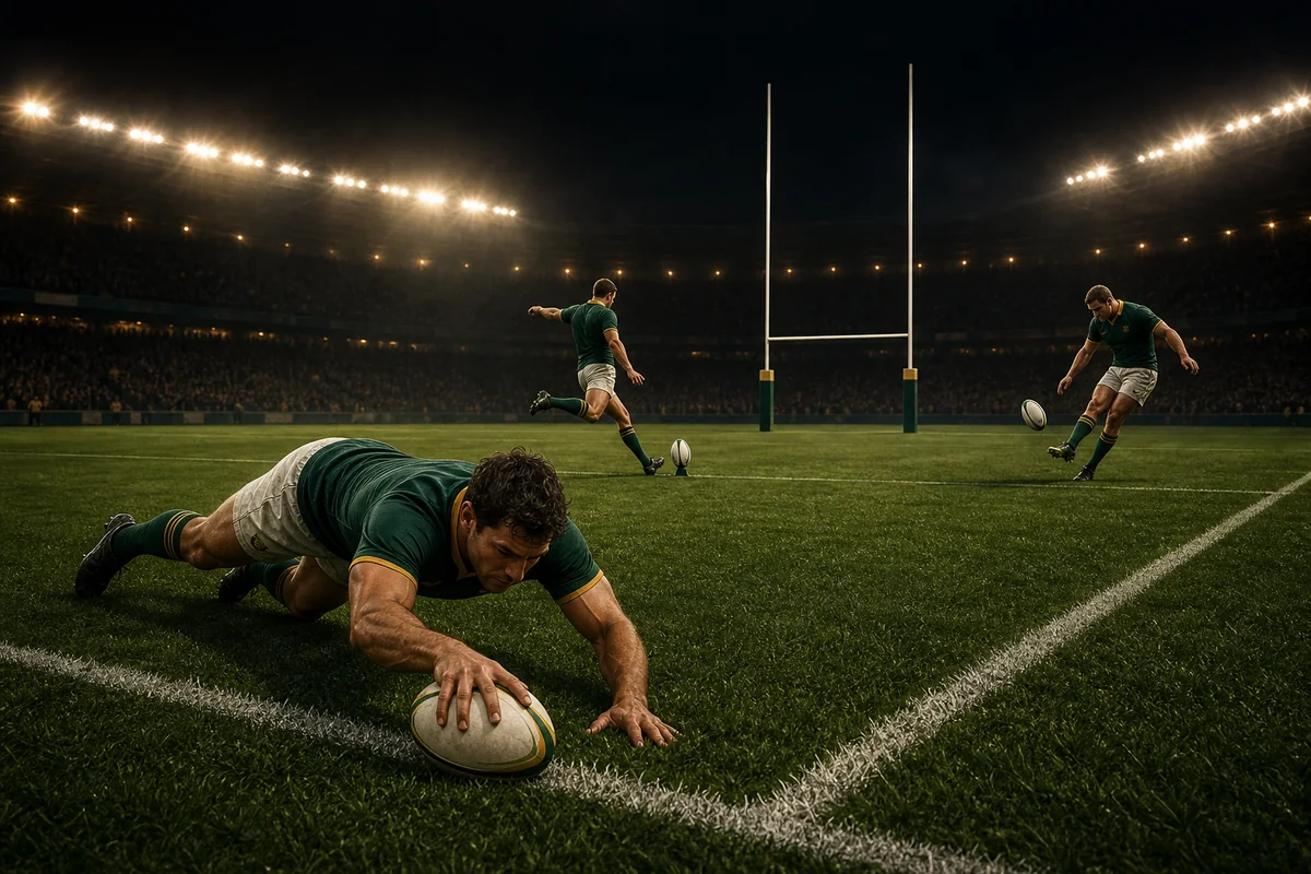 A player grounds the ball for a try while other players demonstrate a conversion kick and a drop goal near the posts.